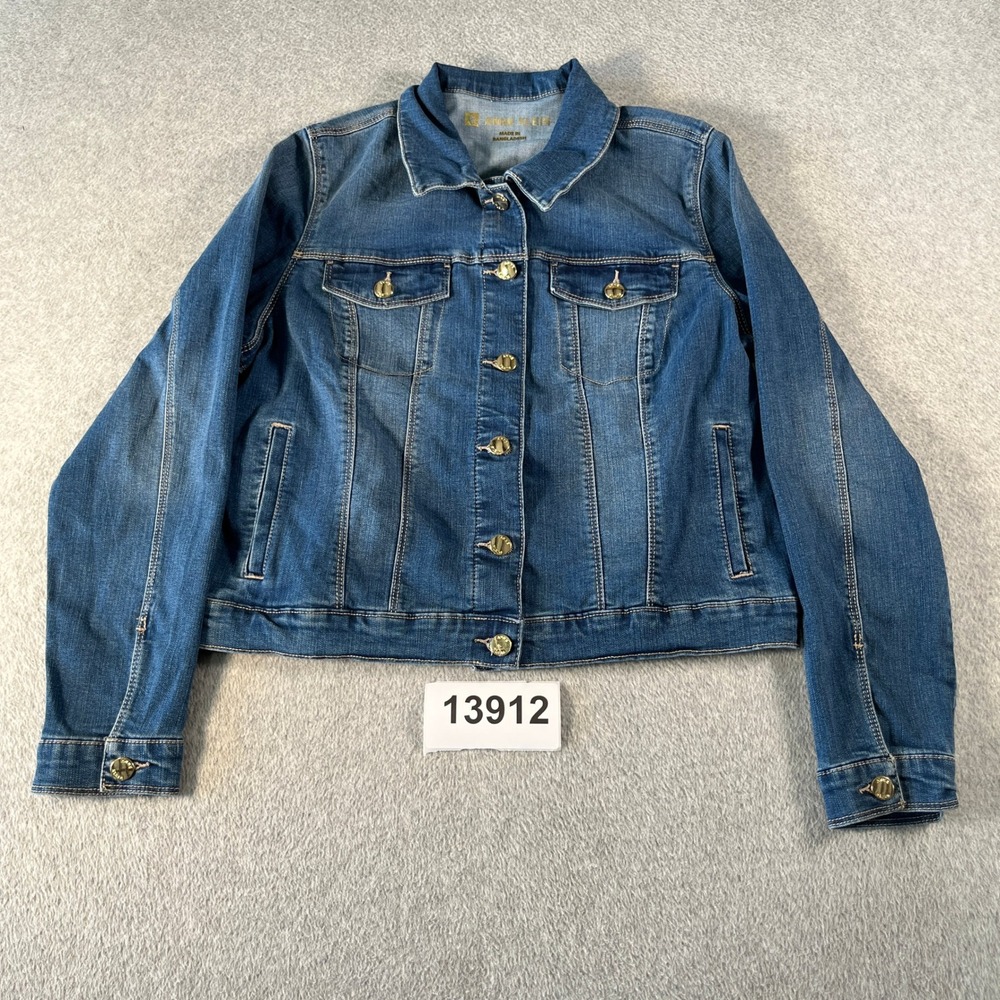 Anne Klein Trucker Jacket Women Large Blue Denim Cotton Stretch Outerwear Casual